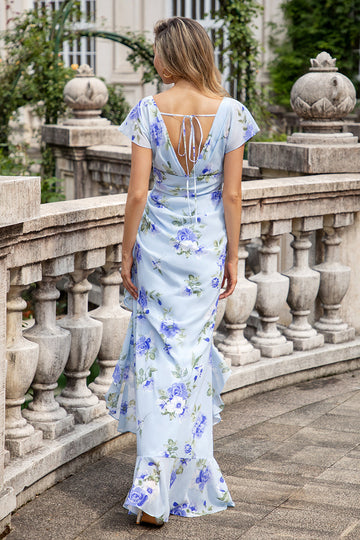 Vestido de invitada asimétrico de la fiesta de bodas con volantes florales azules de una línea con abertura